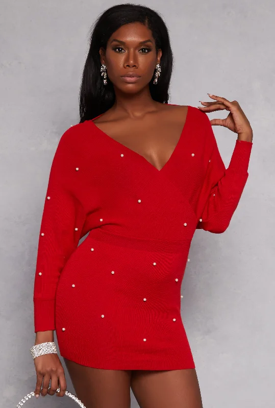 Plus Size Women Dress with a Flattering A - Line Cut for Comfort and StyleFaux Pearl Long Sleeve Mini Dress Plus Size Women Dress with a Flattering A - Line Cut for Comfort and StyleFaux Pearl Long Sleeve Mini Dress