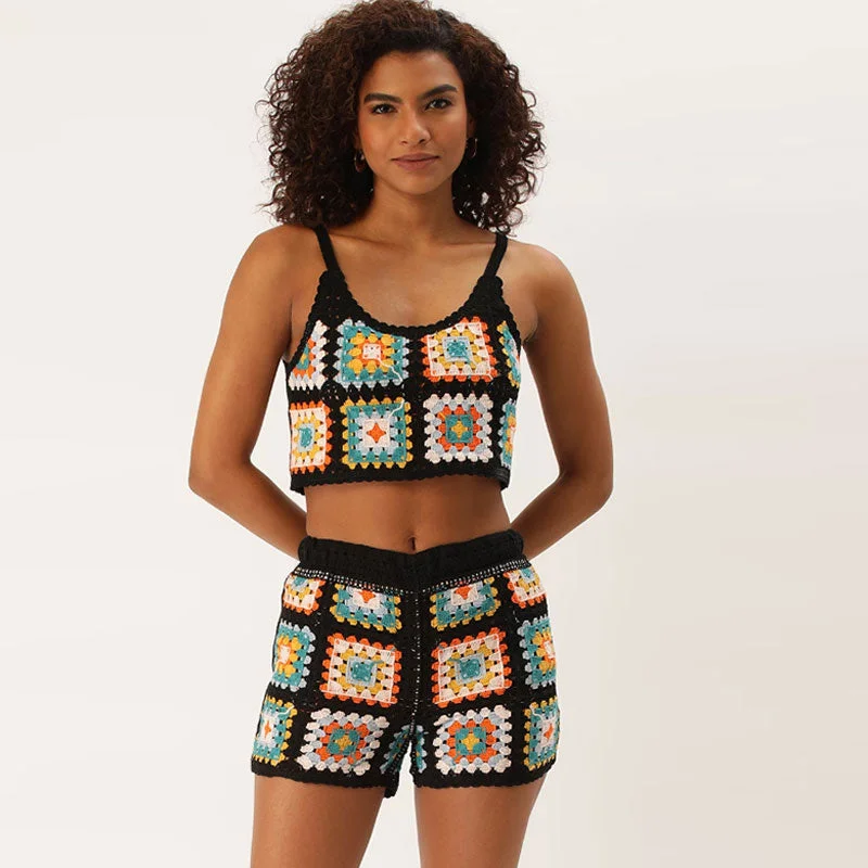Off - Shoulder Women's Crop Top in Navy for a Chic and Trendy Beach EnsembleRetro Black Granny Square Crochet Knit Crop Top and Shorts Matching Set Off - Shoulder Women's Crop Top in Navy for a Chic and Trendy Beach EnsembleRetro Black Granny Square Crochet Knit Crop Top and Shorts Matching Set
