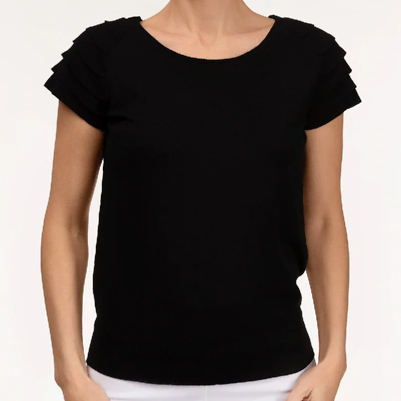 Long - Sleeve Women's Merino Wool Pullovers for Winter WarmthRuffle Short Sleeve Pullover in Black Long - Sleeve Women's Merino Wool Pullovers for Winter WarmthRuffle Short Sleeve Pullover in Black