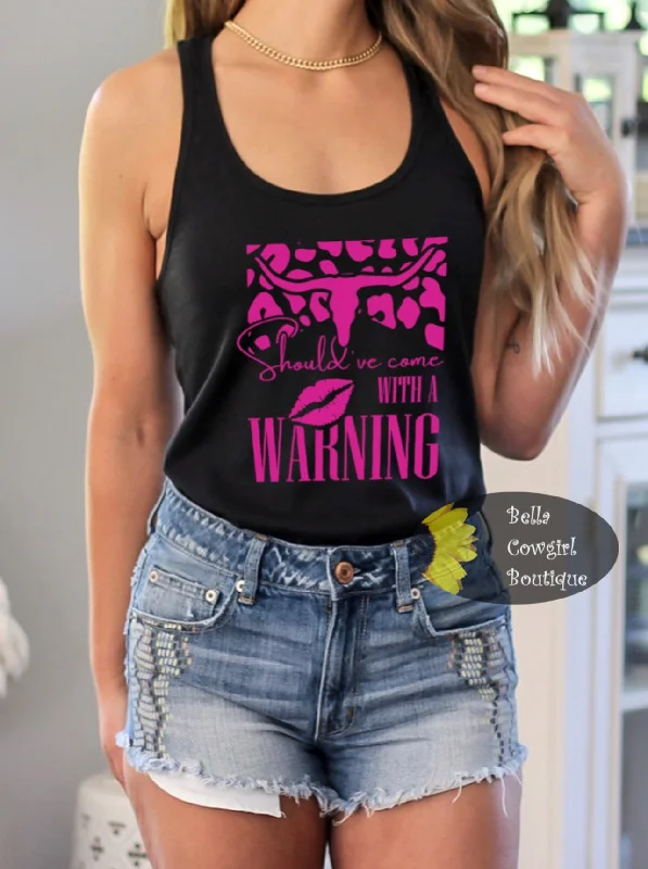 Plus Size Women's Criss - Cross Back Tank Tops in Neon ColorsShould've Come With A Warning Steer Skull Country Music Women's Tank Top Plus Size Women's Criss - Cross Back Tank Tops in Neon ColorsShould've Come With A Warning Steer Skull Country Music Women's Tank Top