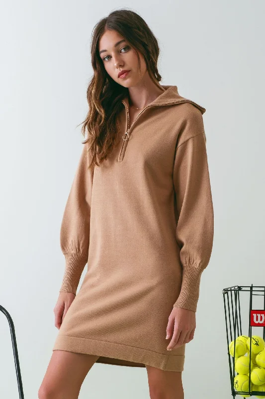 Mini Women Dress with a Short Hem for a Young and Trendy StyleTaupe Knit Half Zip Mini Dress Mini Women Dress with a Short Hem for a Young and Trendy StyleTaupe Knit Half Zip Mini Dress