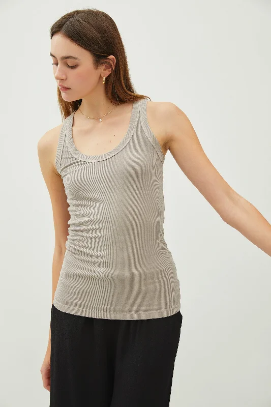 Plus Size Women's Puff - Sleeve Tank Tops in Pastel HuesTaupe Sleeveless Ribbed Top