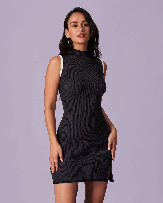 Pleated Women Dress with a Timeless and Elegant TextureThe Black Mock Neck Contrast Knit Mini Dress Pleated Women Dress with a Timeless and Elegant TextureThe Black Mock Neck Contrast Knit Mini Dress