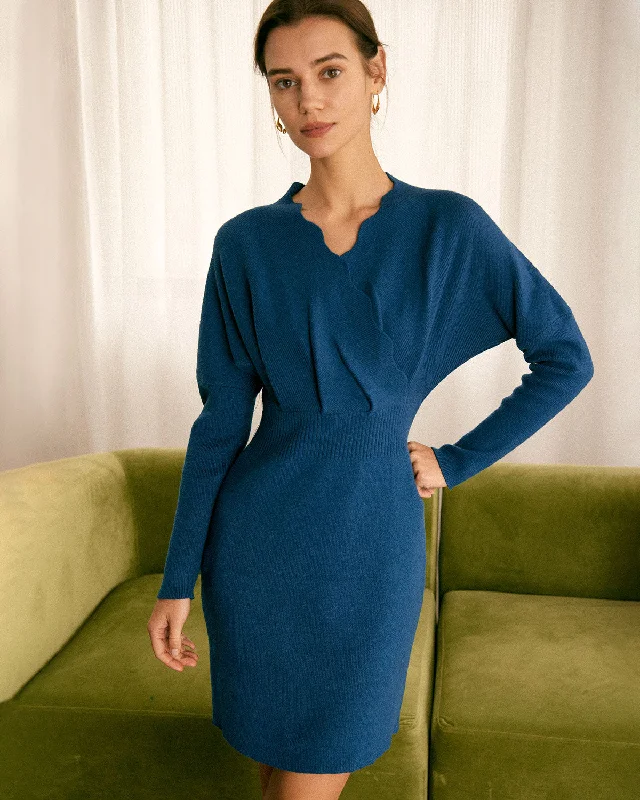 Mermaid - Style Women Dress with a Fitted Silhouette for Special OccasionsThe Blue V Neck Scalloped Sweater Mini Dress
