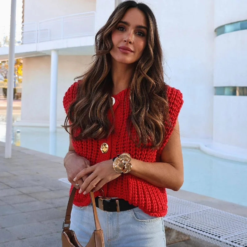 Embroidered Women's Denim Vests with Floral PatternsVersatile Crew Neck Button Up Pocketed Crop Chunky Yarn Crochet Knit Vest Embroidered Women's Denim Vests with Floral PatternsVersatile Crew Neck Button Up Pocketed Crop Chunky Yarn Crochet Knit Vest