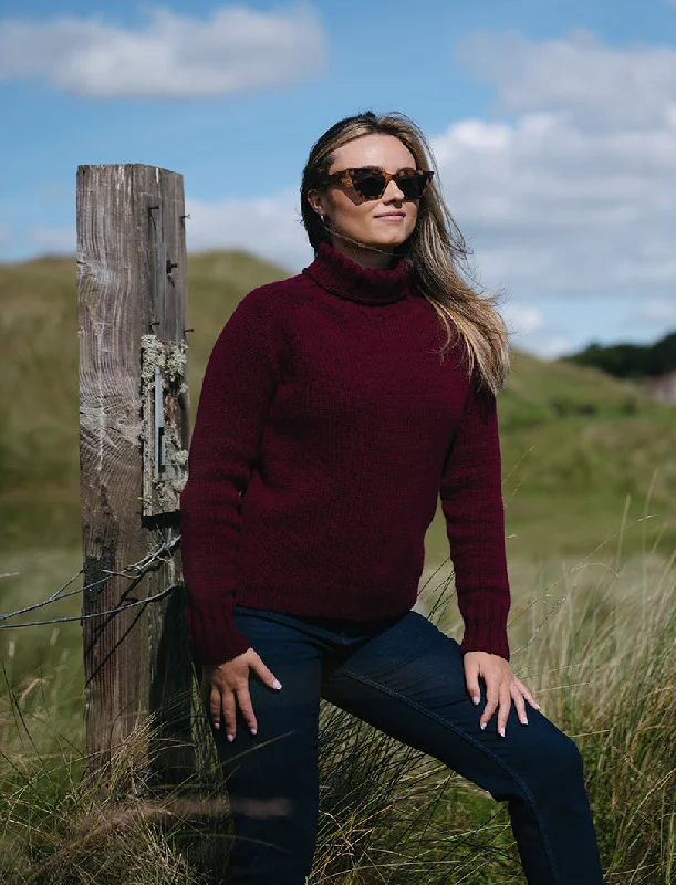 Women's Fair Isle Patterned Wool Sweater in Multicolor for a Traditional Holiday VibeWomens Chunky Geelong Superfine Lambswool Polo Neck Jumper - Burgundy Women's Fair Isle Patterned Wool Sweater in Multicolor for a Traditional Holiday VibeWomens Chunky Geelong Superfine Lambswool Polo Neck Jumper - Burgundy