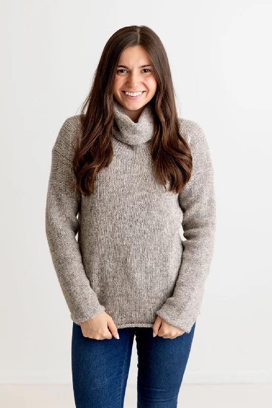 Plus Size Women's Fringe - Trimmed Sweater in Beige for a Boho - Inspired StyleWomens Chunky Cowl neck jumper - natural pebble Plus Size Women's Fringe - Trimmed Sweater in Beige for a Boho - Inspired StyleWomens Chunky Cowl neck jumper - natural pebble