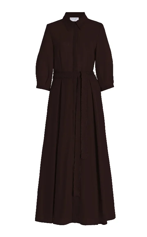 Wrap - Style Women Dress with Adjustable Fit for All Body TypesAndy Pleated Maxi Shirtdress in Chocolate Virgin Wool Wrap - Style Women Dress with Adjustable Fit for All Body TypesAndy Pleated Maxi Shirtdress in Chocolate Virgin Wool