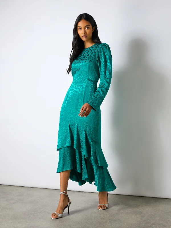 Long - Sleeve Women Dress in Velvet for a Luxurious Winter LookAngelina Teal Animal Jacquard Flute Hem Dress Long - Sleeve Women Dress in Velvet for a Luxurious Winter LookAngelina Teal Animal Jacquard Flute Hem Dress