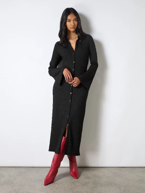 Lace - Embellished Women Dress for an Elegant and Sophisticated AppearanceBlack Rib Button Through Dress Lace - Embellished Women Dress for an Elegant and Sophisticated AppearanceBlack Rib Button Through Dress