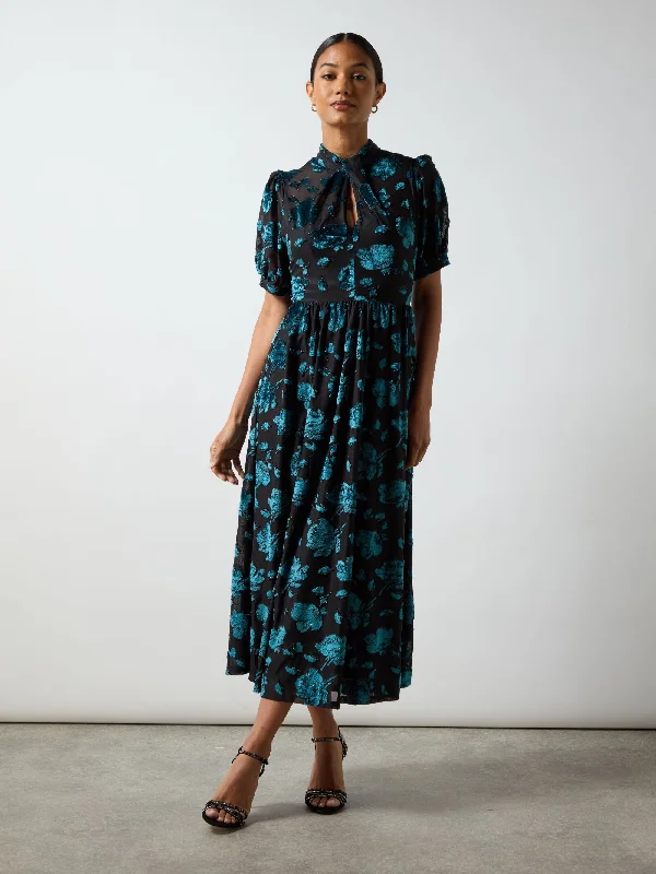 Ball Gown Women Dress with a Full Skirt for a Princess - like LookErin Teal Floral Jersey Burnout Midi Dress Ball Gown Women Dress with a Full Skirt for a Princess - like LookErin Teal Floral Jersey Burnout Midi Dress