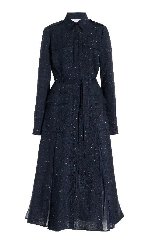 Sleeveless Women Dress in Bright Colors for Summer PartiesMeyer Pleated Maxi Shirtdress in Dark Navy Multi Printed Wool