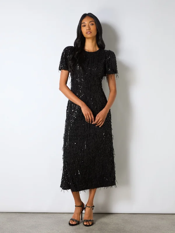Ball Gown Women Dress with a Full Skirt for a Princess - like LookPetite Gina Black Fringe Sequin Puff Sleeve Midi Dress Ball Gown Women Dress with a Full Skirt for a Princess - like LookPetite Gina Black Fringe Sequin Puff Sleeve Midi Dress
