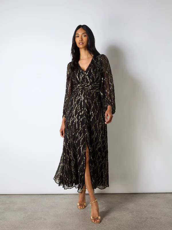 Little Black Women Dress with Sequins for a Glamorous Night OutPetite Gold Foil V-Neck Midaxi Dress Little Black Women Dress with Sequins for a Glamorous Night OutPetite Gold Foil V-Neck Midaxi Dress