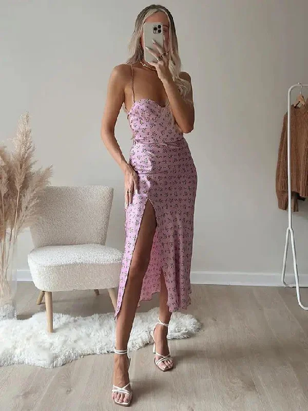 Mermaid - Style Women Dress with a Fitted Silhouette for Special Occasions Mermaid - Style Women Dress with a Fitted Silhouette for Special Occasions Agatha floral midi dress with slit in Pink