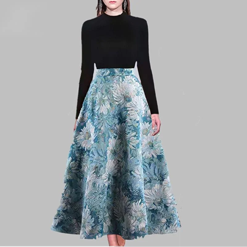 Ball Gown Women Dress with a Full Skirt for a Princess - like Look Ball Gown Women Dress with a Full Skirt for a Princess - like Look Autumn And Winter Black Knit Sweater + Vintage Jacquard High Waist Big Swing Two Piece Skirt Suit Knitting Sweater Dress Set
