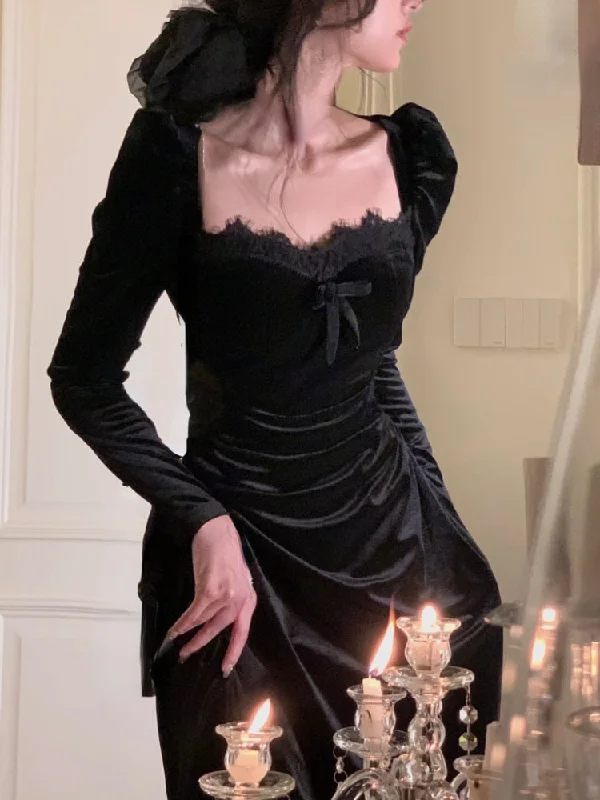 Lace - Embellished Women Dress for an Elegant and Sophisticated Appearance Lace - Embellished Women Dress for an Elegant and Sophisticated Appearance Autumn Slim Black Velvet Dress Casual Korean Fashion Elegant Midi Dress Woman Party Long Sleeve Vintage Lace Dress Design