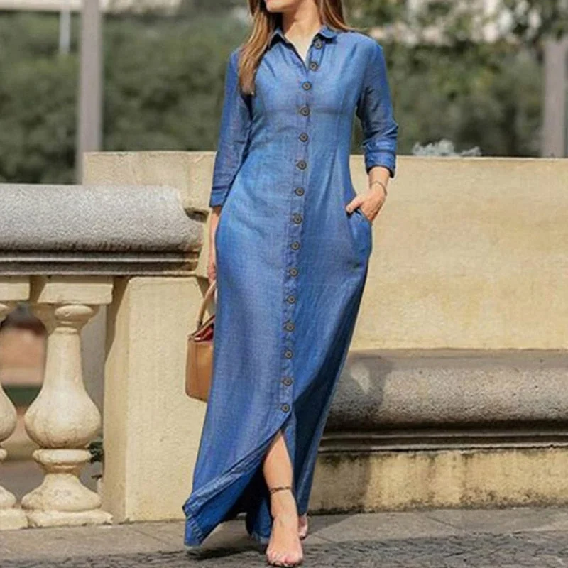 Wrap - Style Women Dress with Adjustable Fit for All Body Types Wrap - Style Women Dress with Adjustable Fit for All Body Types Casual Shirt Dress Women Turn-Down Collar Long Dresses Office Ladies Single Breasted Maxi Dress Party Dresses Vestidos Robe