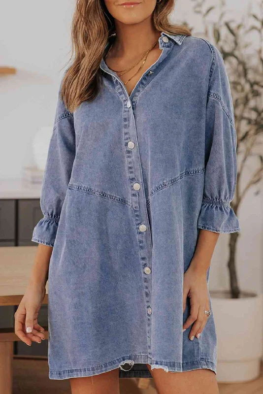 Plus Size Women Dress with a Flattering A - Line Cut for Comfort and Style Plus Size Women Dress with a Flattering A - Line Cut for Comfort and Style Collared Neck Flounce Sleeve Denim Mini Dress Plus Size Women Dress with a Flattering A - Line Cut for Comfort and Style Plus Size Women Dress with a Flattering A - Line Cut for Comfort and Style Collared Neck Flounce Sleeve Denim Mini Dress