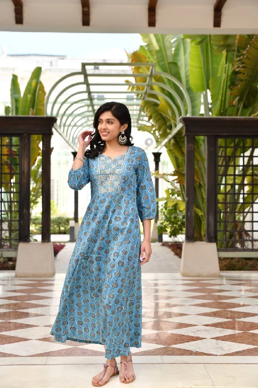 Mermaid - Style Women Dress with a Fitted Silhouette for Special Occasions Mermaid - Style Women Dress with a Fitted Silhouette for Special Occasions Pure Handblock Blue Yoke detail Long Dress Mermaid - Style Women Dress with a Fitted Silhouette for Special Occasions Mermaid - Style Women Dress with a Fitted Silhouette for Special Occasions Pure Handblock Blue Yoke detail Long Dress