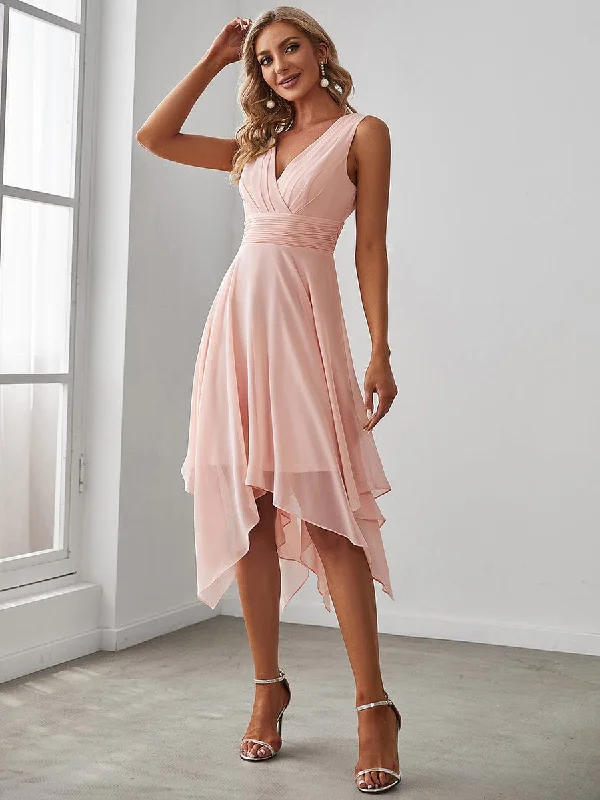 Plus Size Women Dress with a Flattering A - Line Cut for Comfort and Style Plus Size Women Dress with a Flattering A - Line Cut for Comfort and Style V Neck Ruched Asymmetrical Hems Midi Chiffon Bridesmaid Dress