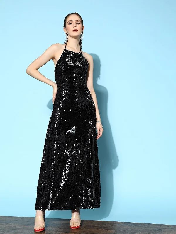 Lace - Embellished Women Dress for an Elegant and Sophisticated Appearance Lace - Embellished Women Dress for an Elegant and Sophisticated Appearance Berrylush Women Solid Black Halter Neck Thigh-High Slit Straight Hem Sequined Bodycon Maxi Dress