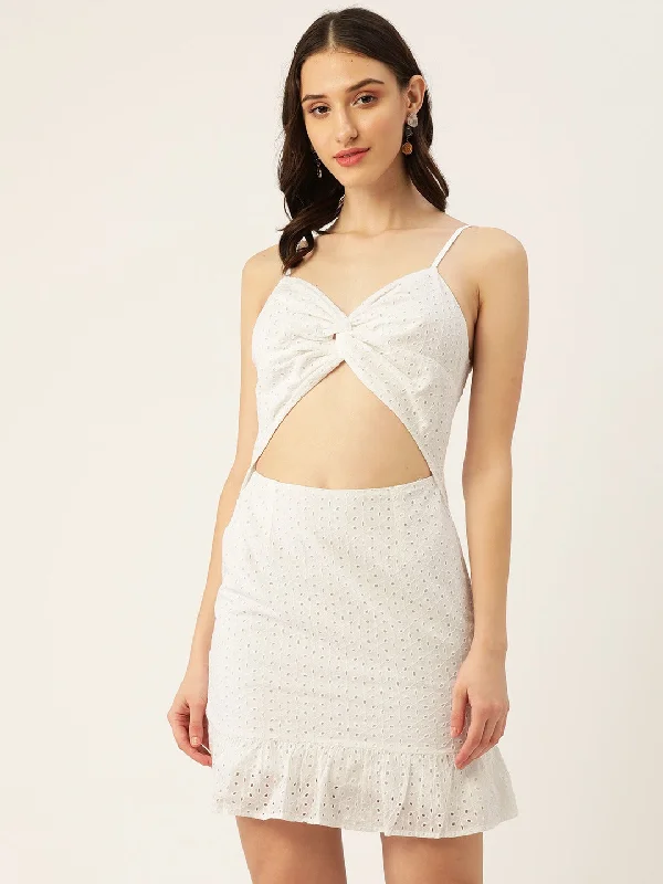 Printed Abstract Women Dress for a Modern and Artistic Appeal Printed Abstract Women Dress for a Modern and Artistic Appeal Berrylush Women Solid White Sweetheart Neck Front Cutout Schiffli Flounce Hem A-Line Mini Dress