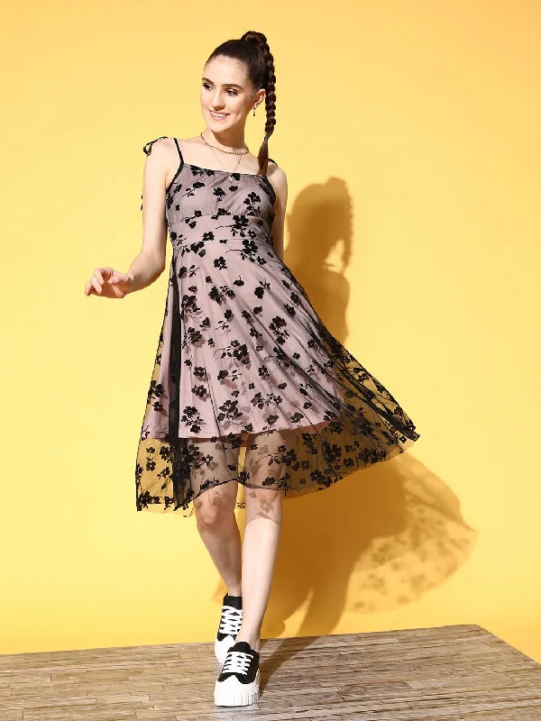 Halter Neck Women Dress to Show Off the Shoulders and Neckline Halter Neck Women Dress to Show Off the Shoulders and Neckline Berrylush Women Black & Pink Floral Printed Square Neck Net Tie-Up Strap Fit & Flare Mini Dress