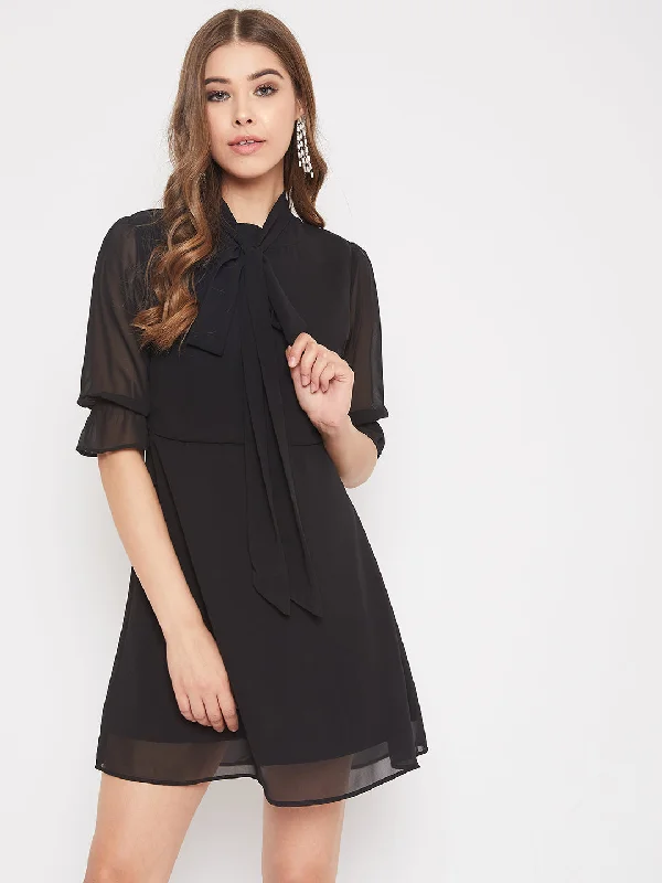 Sheath Women Dress with a Tailored Fit for a Professional Look Sheath Women Dress with a Tailored Fit for a Professional Look Berrylush Women Solid Black Tie-Up Neck Fit & Flare Mini Dress