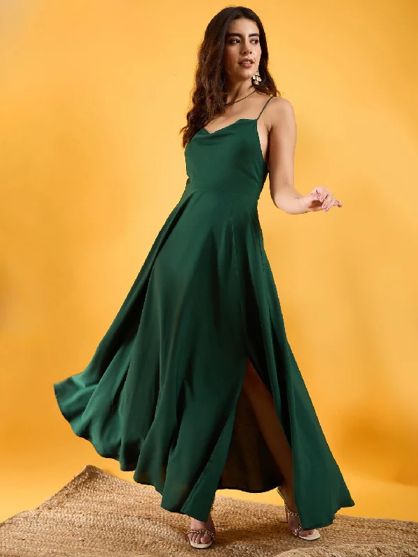 Strapless Women Dress with a Built - in Bra for Comfort and Support Strapless Women Dress with a Built - in Bra for Comfort and Support Berrylush Women Green Solid Cowl Neck Shoulder Straps Lace Up Maxi Dress