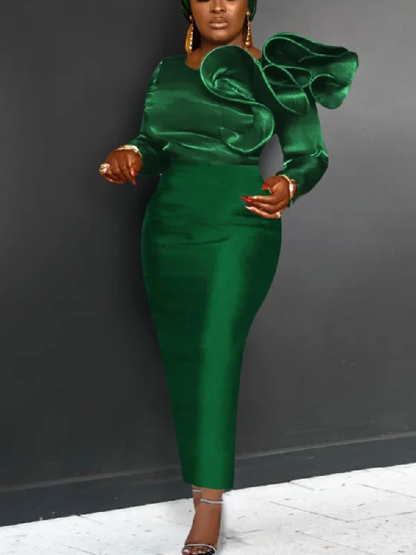 Plus Size Women Dress with a Flattering A - Line Cut for Comfort and Style Plus Size Women Dress with a Flattering A - Line Cut for Comfort and Style Dresses for Women Party Elegant Long Sleeve Asymmetric Ruffle Shimmer Midi Tight Dress Chic Evening Cocktail Birthday Night Gown