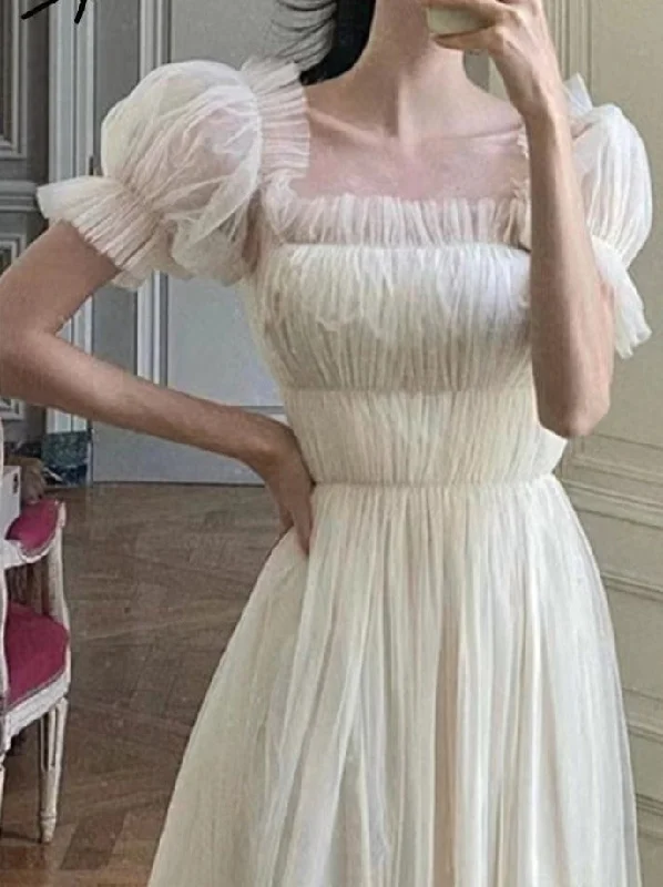 Wrap - Style Women Dress with Adjustable Fit for All Body Types Wrap - Style Women Dress with Adjustable Fit for All Body Types Elegant Dress for Women Ruffles Square Collar Short Sleeve French Style High Waisted A Line Party Midi White Dresses