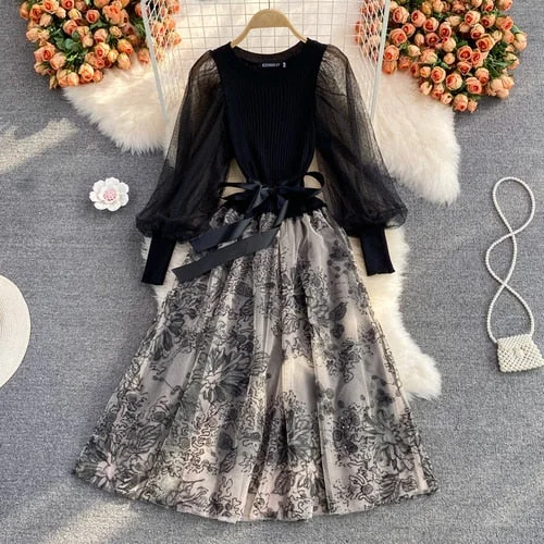 Ruffled Women Dress with Multiple Layers for a Playful and Girly Style Ruffled Women Dress with Multiple Layers for a Playful and Girly Style Elegant Mesh Knitted Stitching Dress Women Vintage Puff Sleeve Round Neck A Line Party Dresses Ladies Bandage Printing Dress