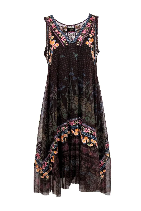 Ruffled Women Dress with Multiple Layers for a Playful and Girly Style Ruffled Women Dress with Multiple Layers for a Playful and Girly Style Johnny Was - Brown Floral Print Mesh Embroidered Maxi Dress Sz 10