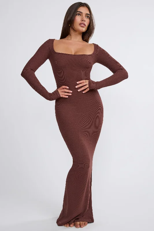 Wrap - Style Women Dress with Adjustable Fit for All Body Types Wrap - Style Women Dress with Adjustable Fit for All Body Types Ribbed Modal Long Sleeve Maxi Dress in Chocolate Wrap - Style Women Dress with Adjustable Fit for All Body Types Wrap - Style Women Dress with Adjustable Fit for All Body Types Ribbed Modal Long Sleeve Maxi Dress in Chocolate