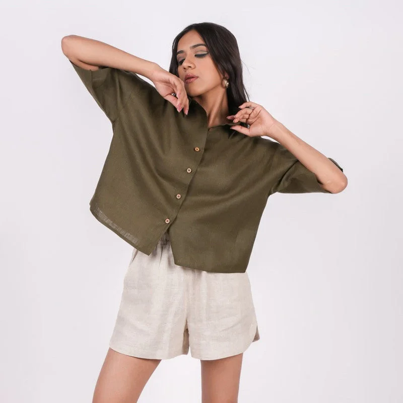 Wrap - Style Women Dress with Adjustable Fit for All Body Types Wrap - Style Women Dress with Adjustable Fit for All Body Types Linen Shirt for Women | Green | Drop Shoulder