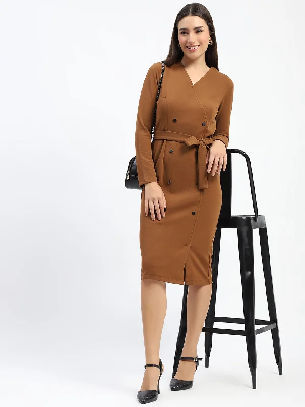 Strapless Women Dress with a Built - in Bra for Comfort and Support Strapless Women Dress with a Built - in Bra for Comfort and Support Madame Belted Buttoned Brown Dress