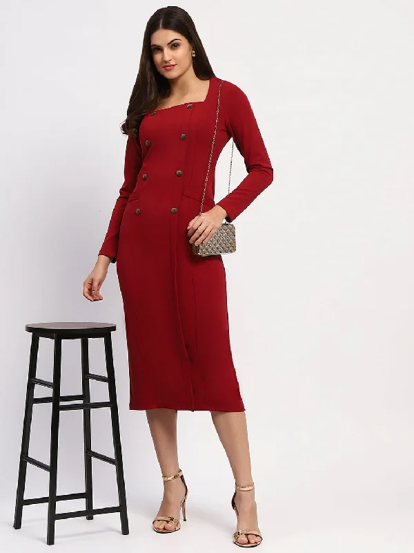 Sheath Women Dress with a Tailored Fit for a Professional Look Sheath Women Dress with a Tailored Fit for a Professional Look Madame Red Double-Breasted Detailing Long Dress