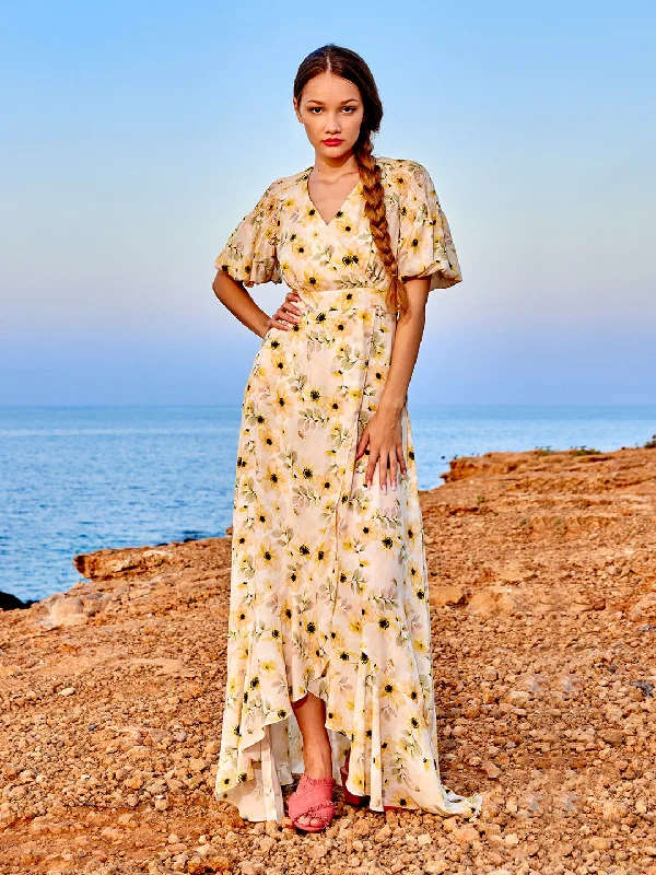 Mermaid - Style Women Dress with a Fitted Silhouette for Special Occasions Mermaid - Style Women Dress with a Fitted Silhouette for Special Occasions Madame Floral Print Wrap Detailed Yellow Midi Dress