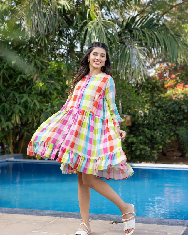 Off - the - Shoulder Women Dress for a Romantic and Feminine Look Off - the - Shoulder Women Dress for a Romantic and Feminine Look Multicolour Sorbet Checks Dress