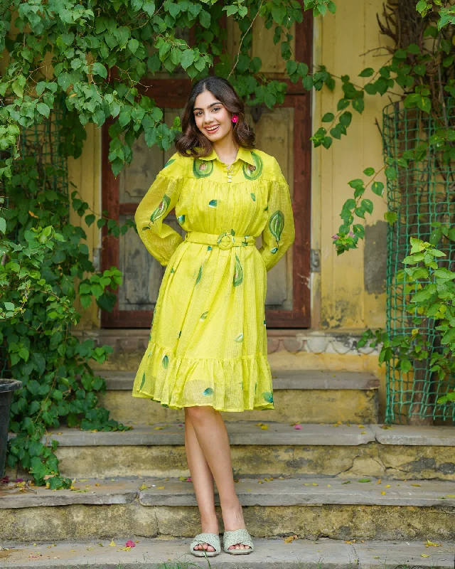 Ball Gown Women Dress with a Full Skirt for a Princess - like Look Ball Gown Women Dress with a Full Skirt for a Princess - like Look Neon Yellow Handpainted Shirt Dress