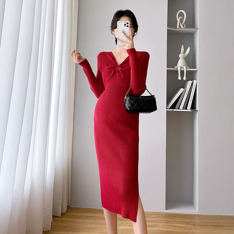 Empire Waist Women Dress to Accentuate the Bust and Conceal the Waist Empire Waist Women Dress to Accentuate the Bust and Conceal the Waist NiDELL . Autumn and Winter Clothes for Pregnant Women Korean Slim Fit Slimming Pregnant Women's Knitting Dress V-neck Base Maternity Dress