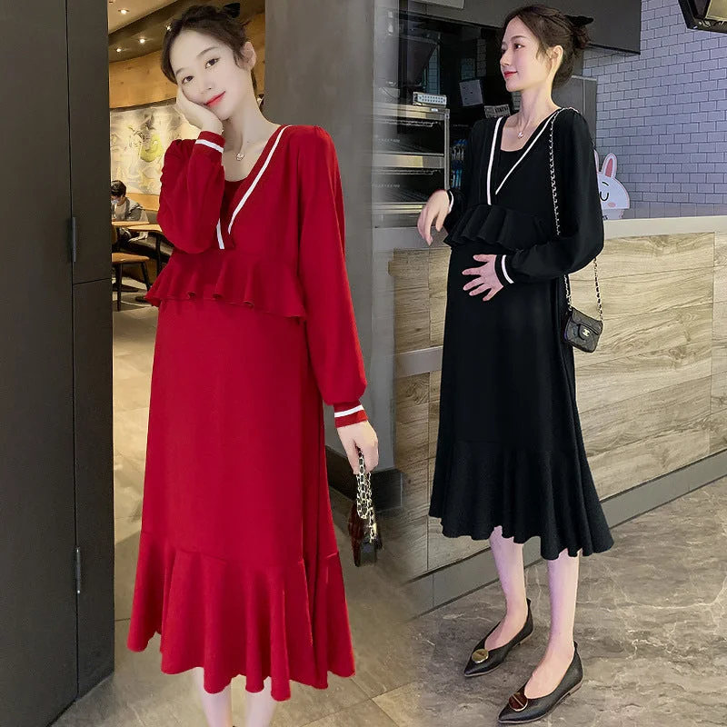 Ruffled Women Dress with Multiple Layers for a Playful and Girly Style Ruffled Women Dress with Multiple Layers for a Playful and Girly Style NiDELL Maternity Dress . Hot Mom Autumn Fake Two-Piece Long Sleeve V-neck Dress Outer Wear Fashion Maternity Dress