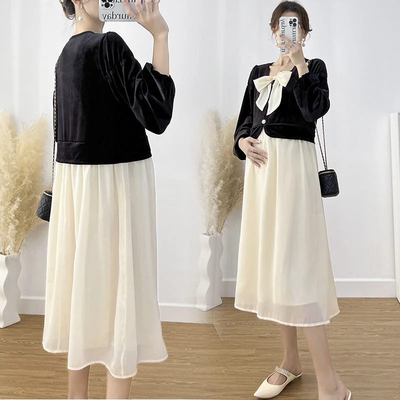 Halter Neck Women Dress to Show Off the Shoulders and Neckline Halter Neck Women Dress to Show Off the Shoulders and Neckline NiDELL Pregnant Women . Autumn New Fake Two-Piece Velvet Bow Korean Maternity Clothes Dress Autumn