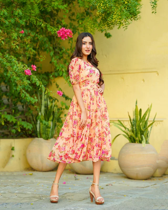 Pleated Women Dress with a Timeless and Elegant Texture Pleated Women Dress with a Timeless and Elegant Texture Peach Flora Chiffon Maxi Dress