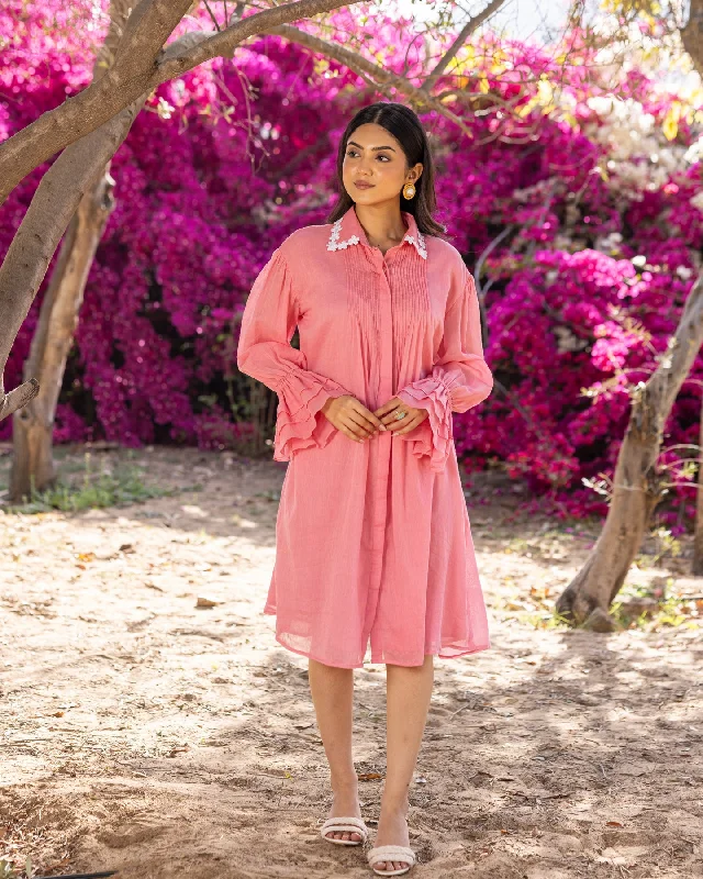 Mini Women Dress with a Short Hem for a Young and Trendy Style Mini Women Dress with a Short Hem for a Young and Trendy Style Pink Pintuck & Lace Shirt Dress