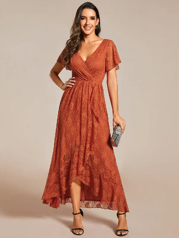 Halter Neck Women Dress to Show Off the Shoulders and Neckline Halter Neck Women Dress to Show Off the Shoulders and Neckline Pleated V-Neck Short Sleeve Ruffled Lace Formal Evening Dress