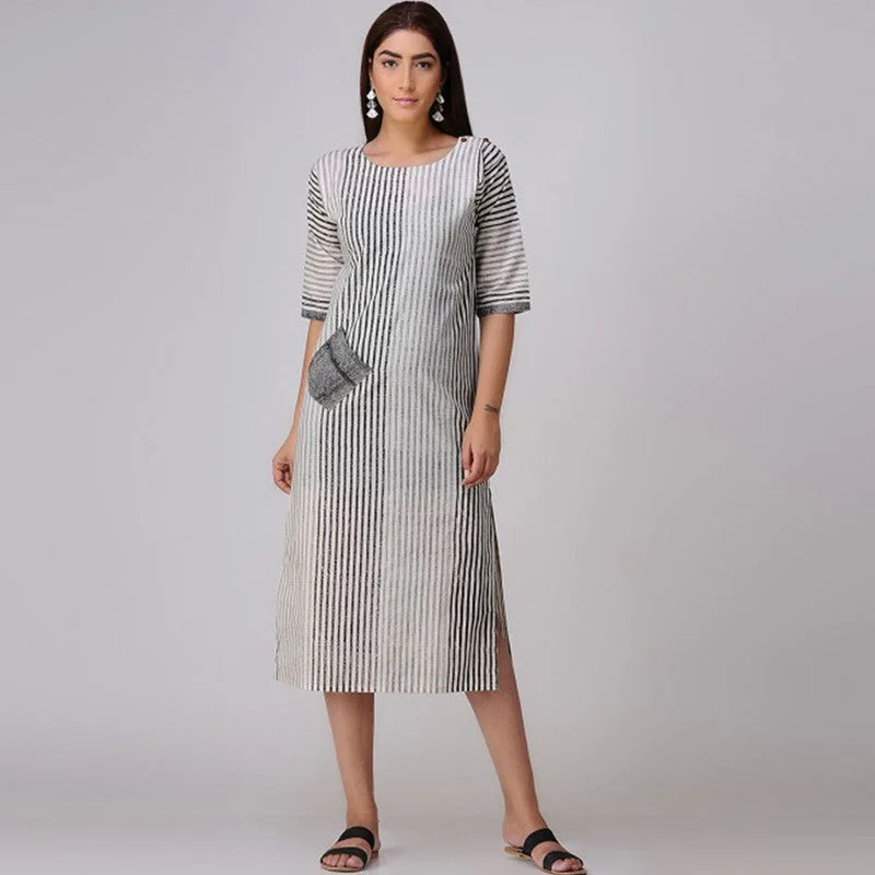 Mini Women Dress with a Short Hem for a Young and Trendy Style Mini Women Dress with a Short Hem for a Young and Trendy Style Handblocked Pure Cotton Striped Dress | Grey Mini Women Dress with a Short Hem for a Young and Trendy Style Mini Women Dress with a Short Hem for a Young and Trendy Style Handblocked Pure Cotton Striped Dress | Grey