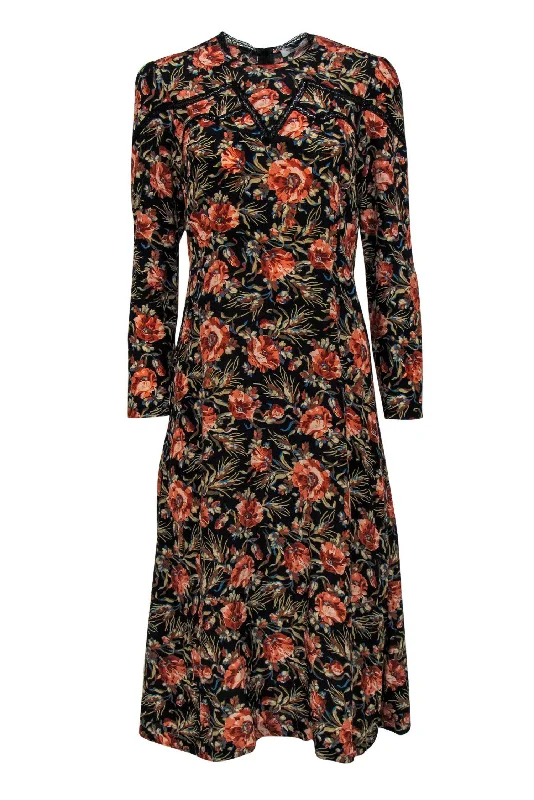 Strapless Women Dress with a Built - in Bra for Comfort and Support Strapless Women Dress with a Built - in Bra for Comfort and Support Sandro - Black & Multicolored Floral Print Silk Midi Dress w/ Lace Trim Sz S
