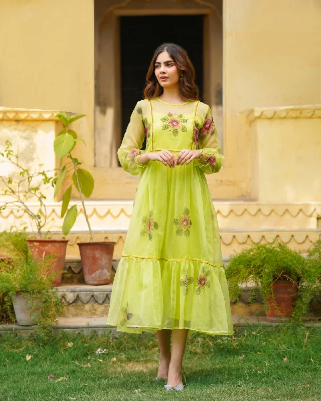 Ball Gown Women Dress with a Full Skirt for a Princess - like Look Ball Gown Women Dress with a Full Skirt for a Princess - like Look Sheer Neon Handpainted Floral Dress